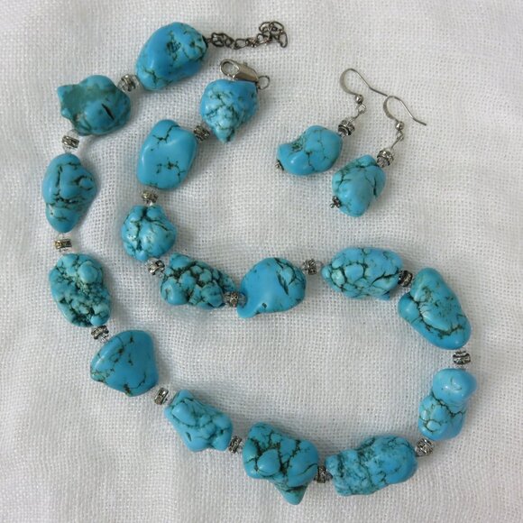Vintage Turquoise Dyed Howlite Nugget Necklace Earring Set Silver Crystal Accent - Picture 15 of 16